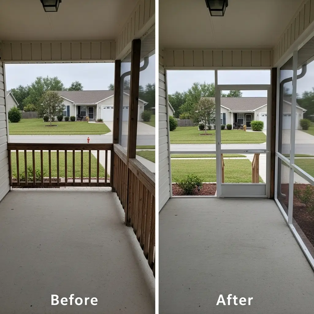 Before and after porch screen repair showing new enclosure installation in St. Augustine, FL.
