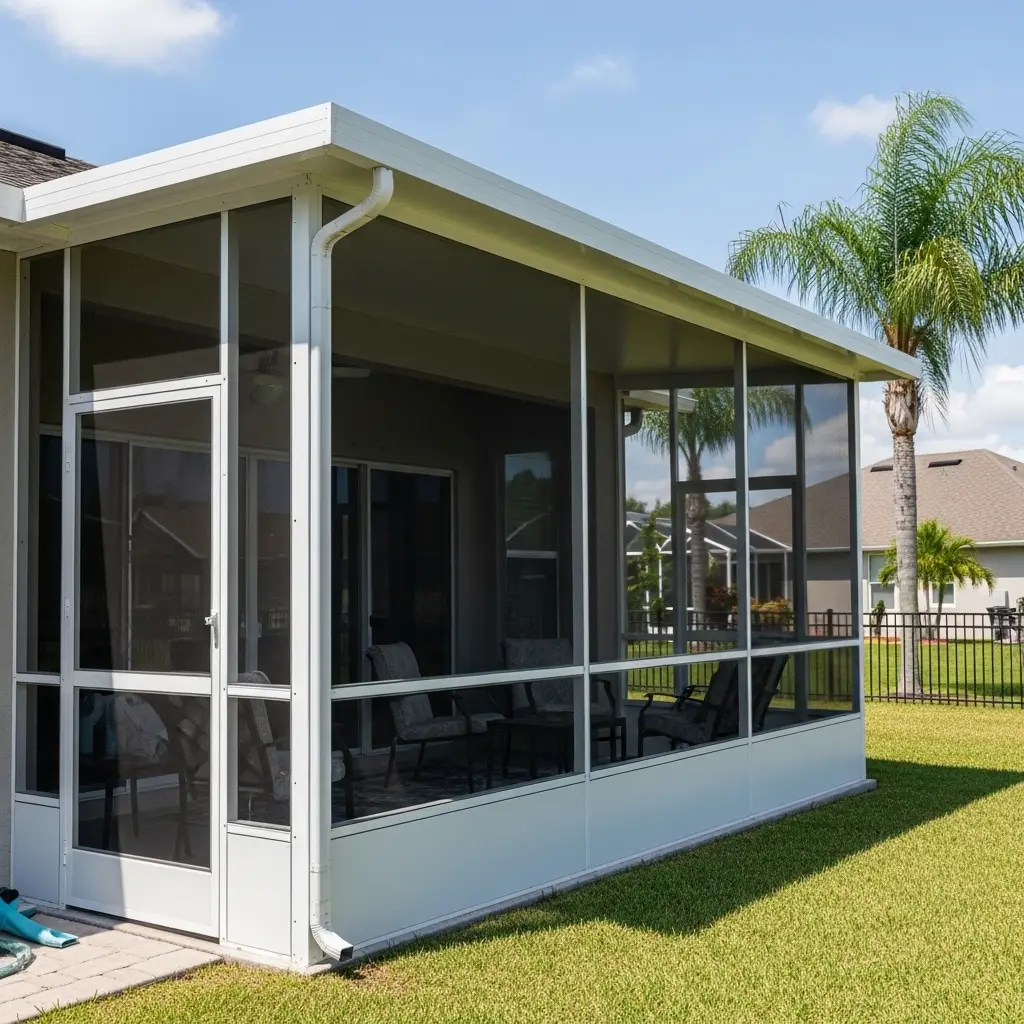 Custom-built lanai enclosure with screened walls and aluminum framing in St. Augustine, FL.