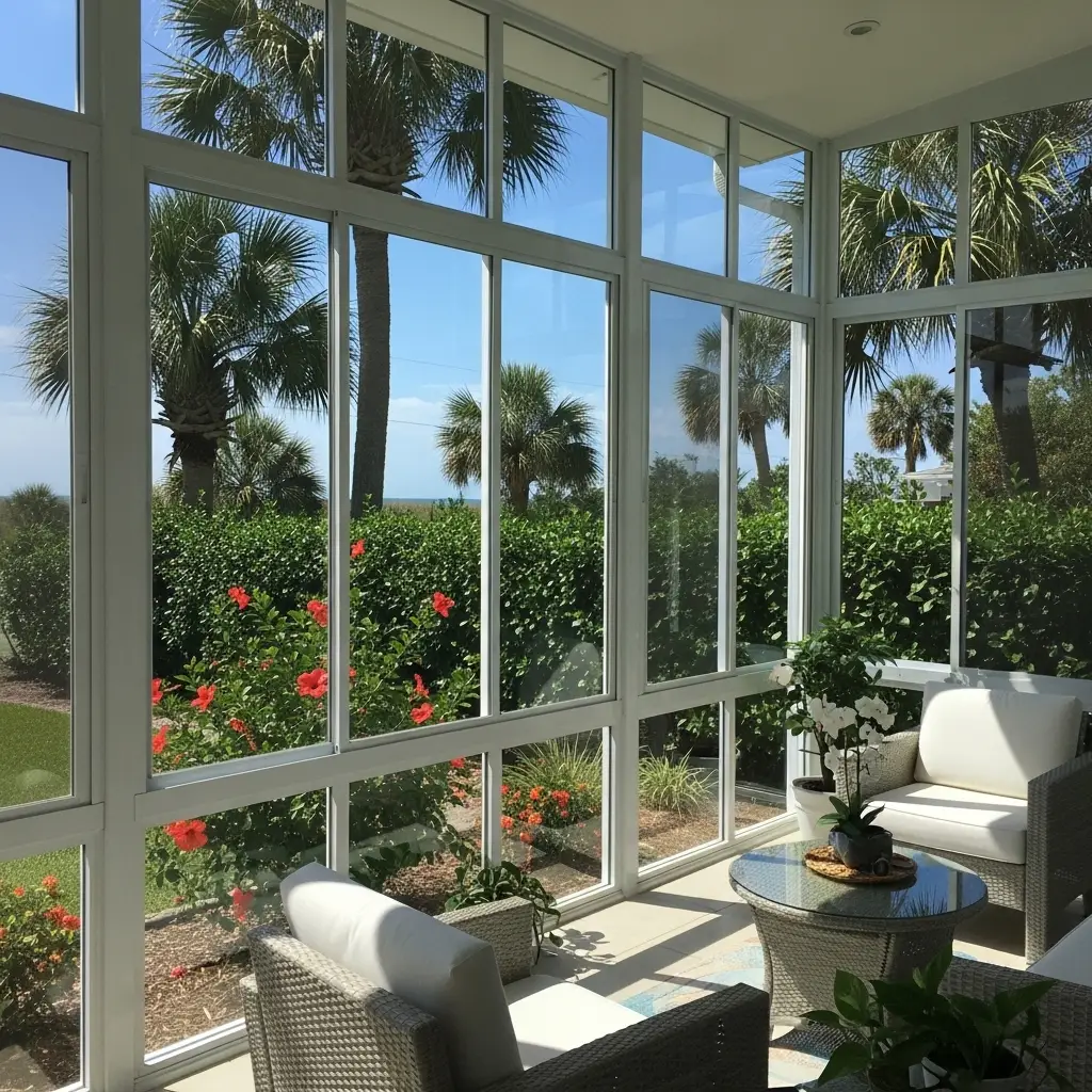 Lanai enclosure repair with clear glass panels overlooking garden in St. Augustine, FL.