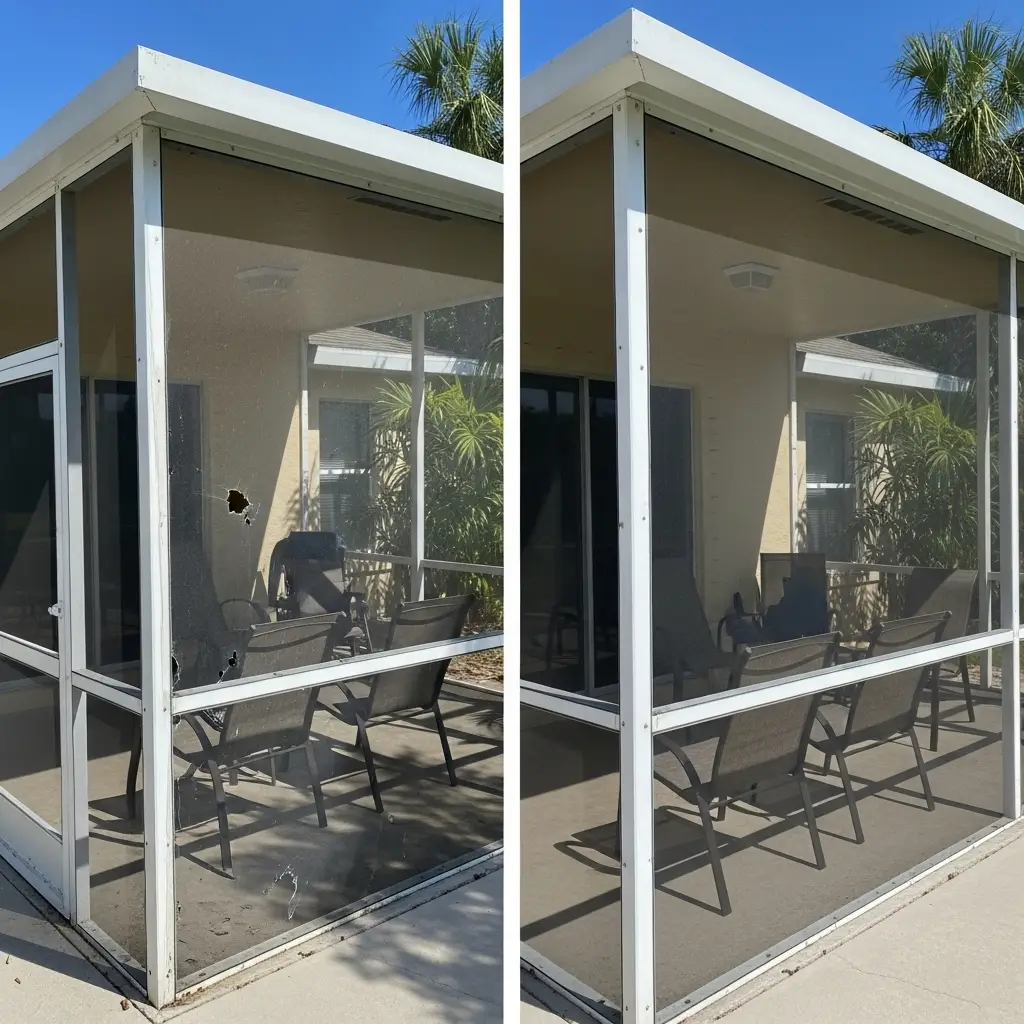 Before and after lanai screen repair showing restored patio enclosure in St. Augustine, FL.