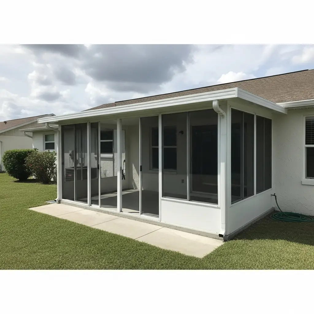 Lanai screen repair on residential patio enclosure with white aluminum frame in St. Augustine, FL.