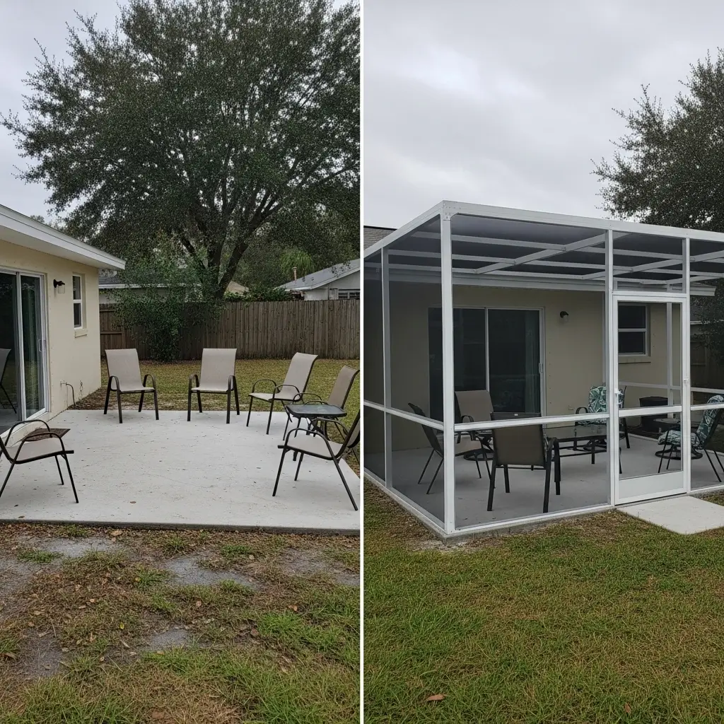 Before and after patio screen enclosure installation showing covered seating area in St. Augustine, FL.