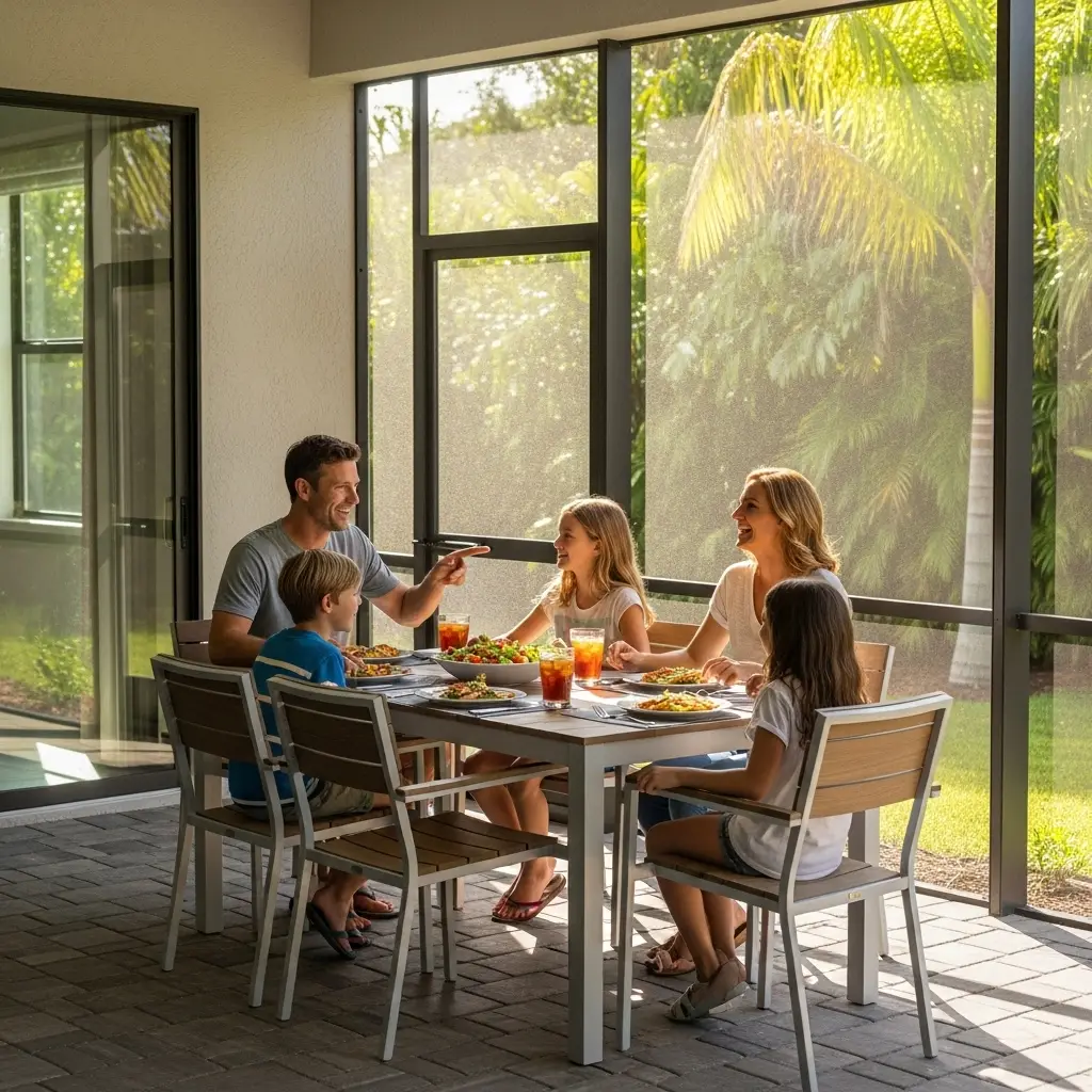 Family enjoying meal inside screened patio enclosure on a sunny day in St. Augustine, FL.