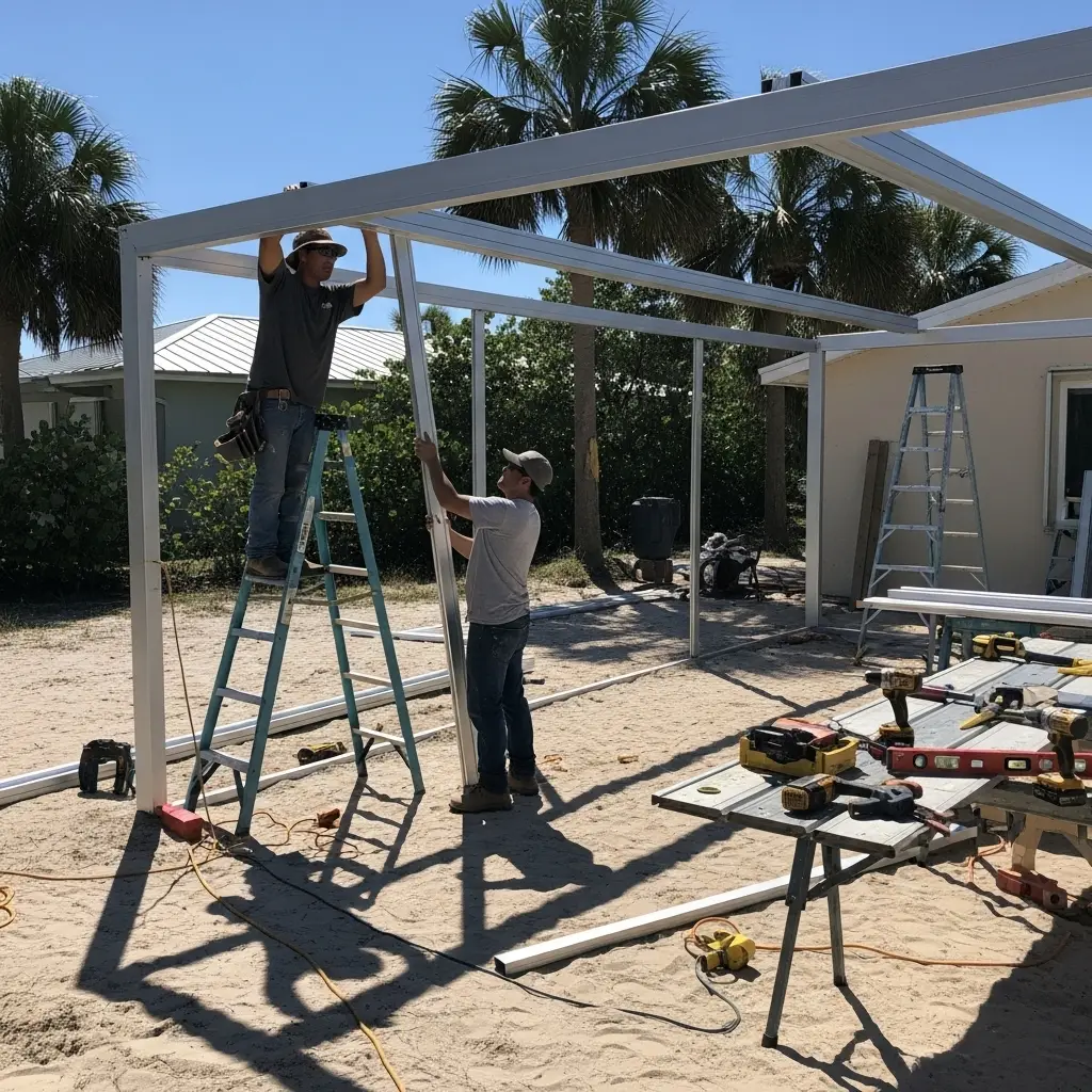 Crew installing aluminum frame for new patio screen enclosure in St. Augustine, FL.