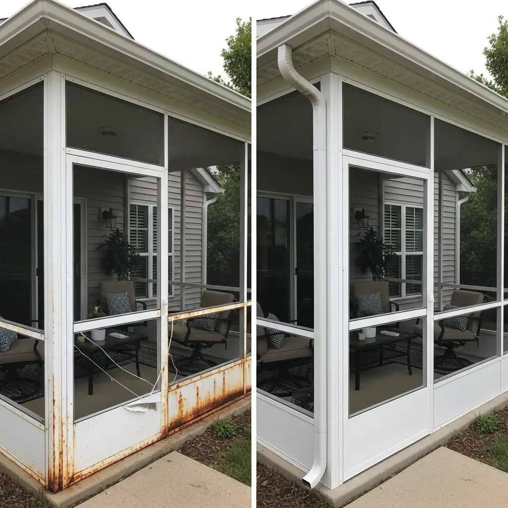 Before and after patio screen replacement showing rust removal and new framing in St. Augustine, FL.