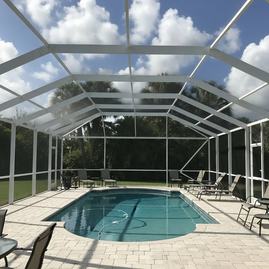 Newly installed white aluminum pool cage enclosure with screened roof in St. Augustine, FL.