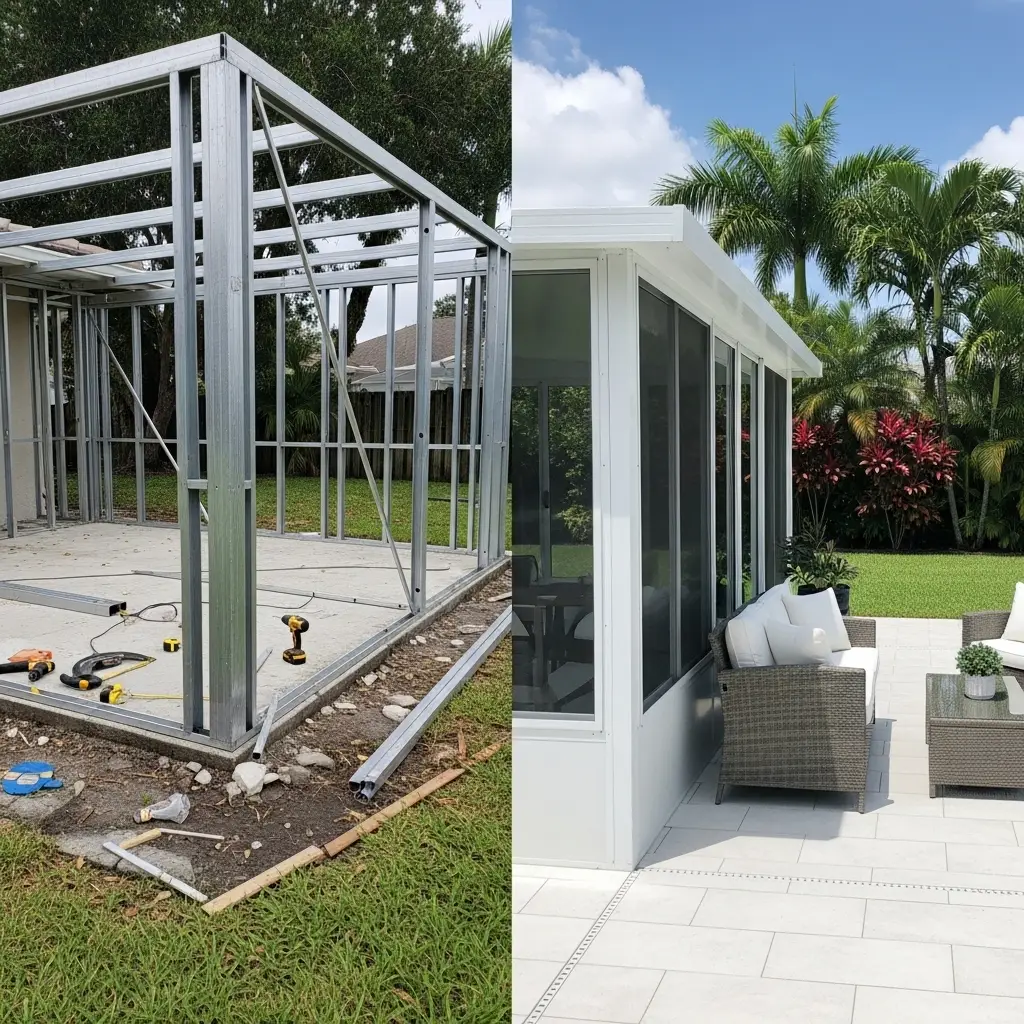 Before and after pool cage rescreening and enclosure restoration project in St. Augustine, FL.
