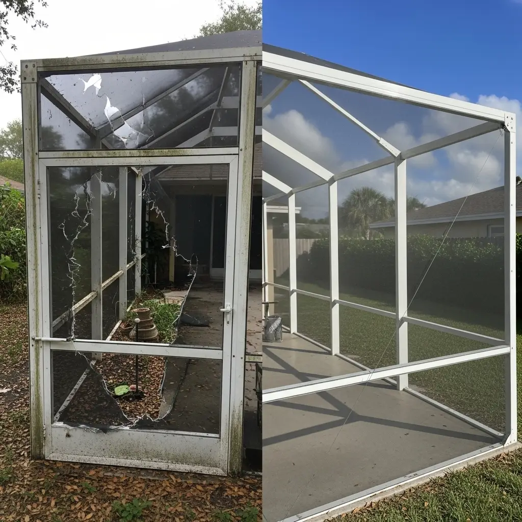 Before and after pool cage screen repair showing restored aluminum structure in St. Augustine, FL.