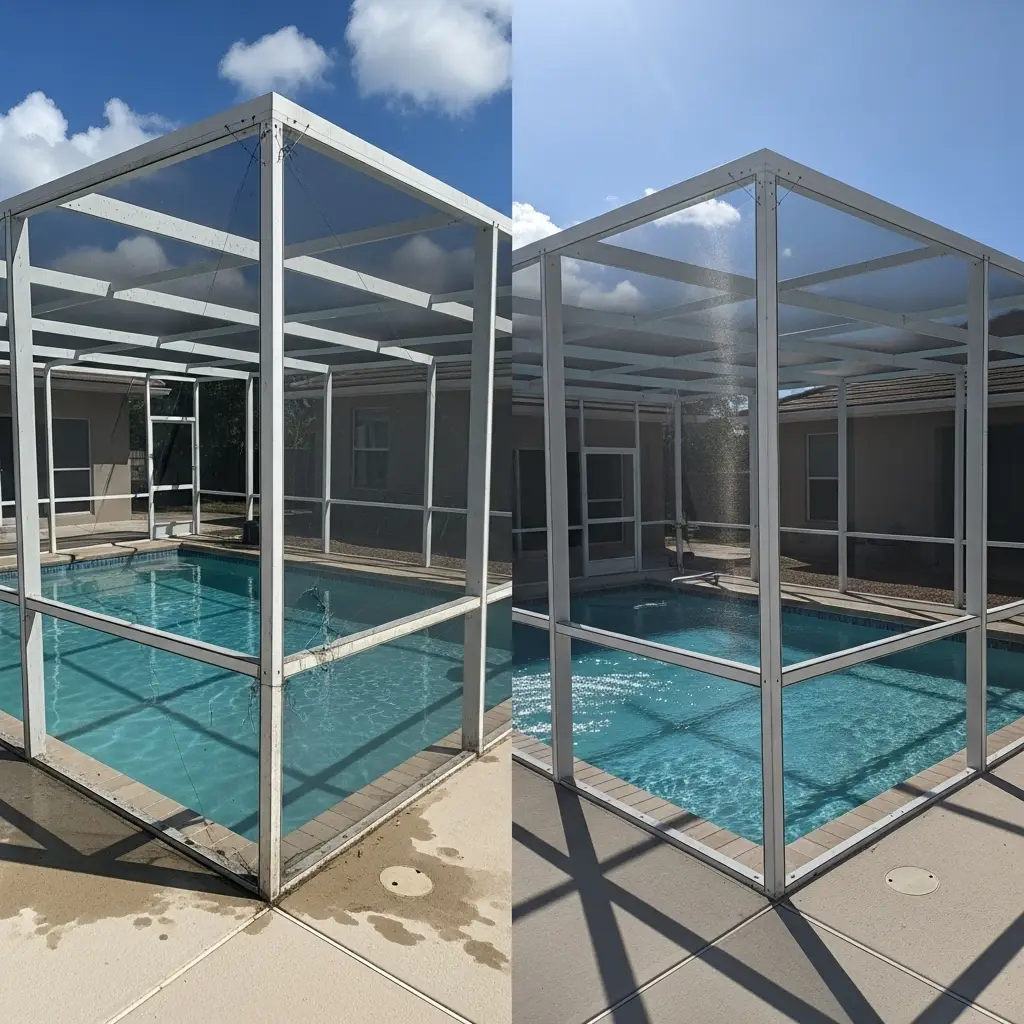 Before and after pool enclosure screen repair with aluminum framing in St. Augustine, FL.