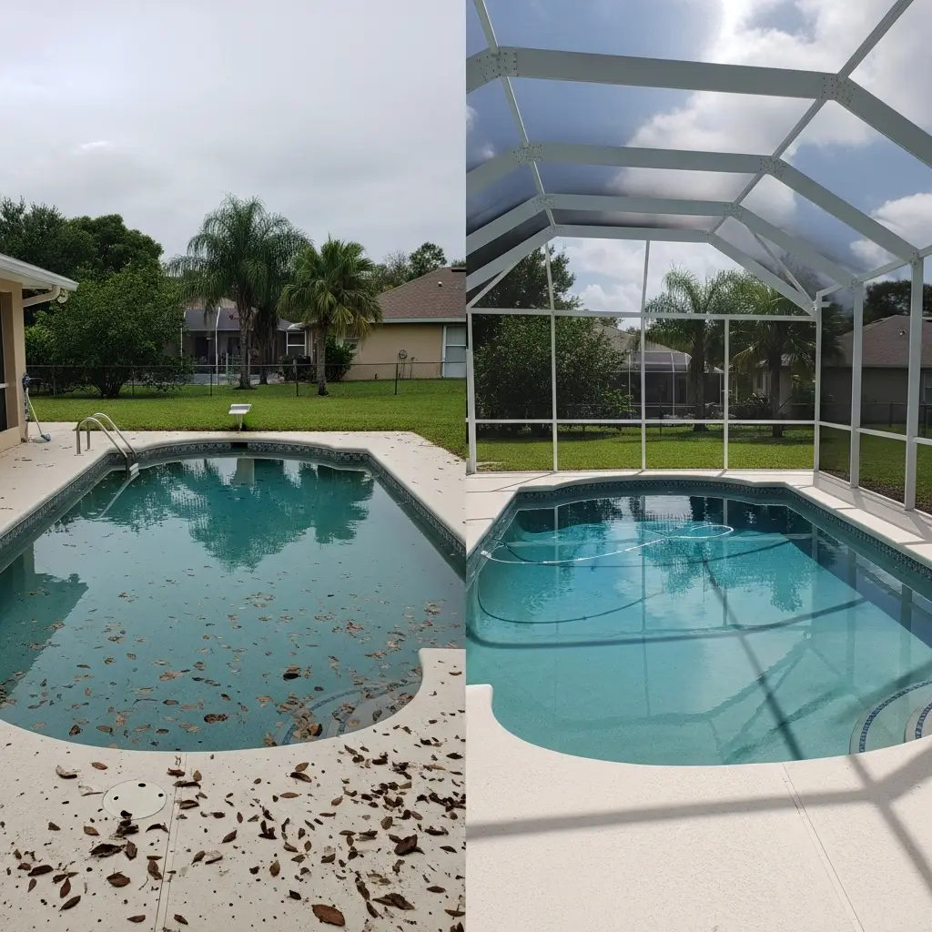 Before and after pool enclosure installation showing debris-free pool in St. Augustine, FL.