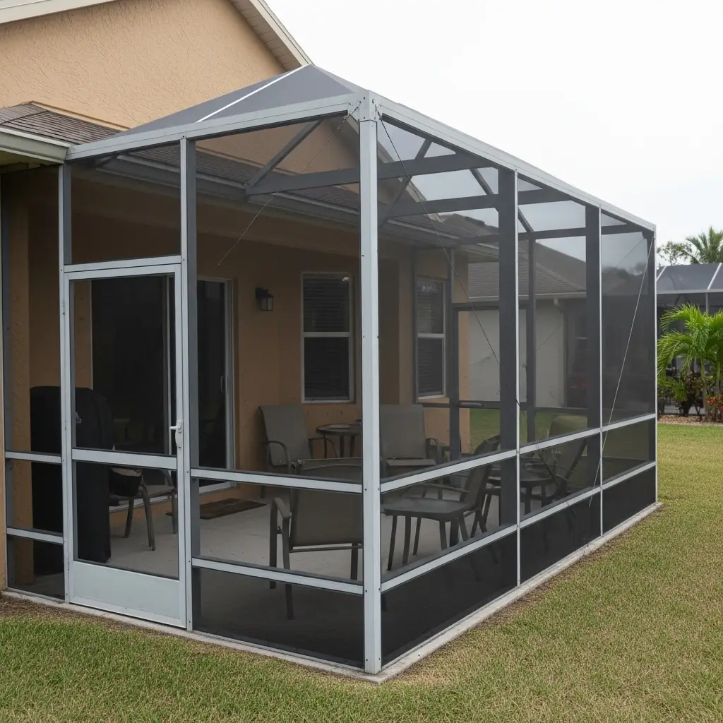 Pool screen enclosure attached to residential patio with aluminum framing in St. Augustine, FL.