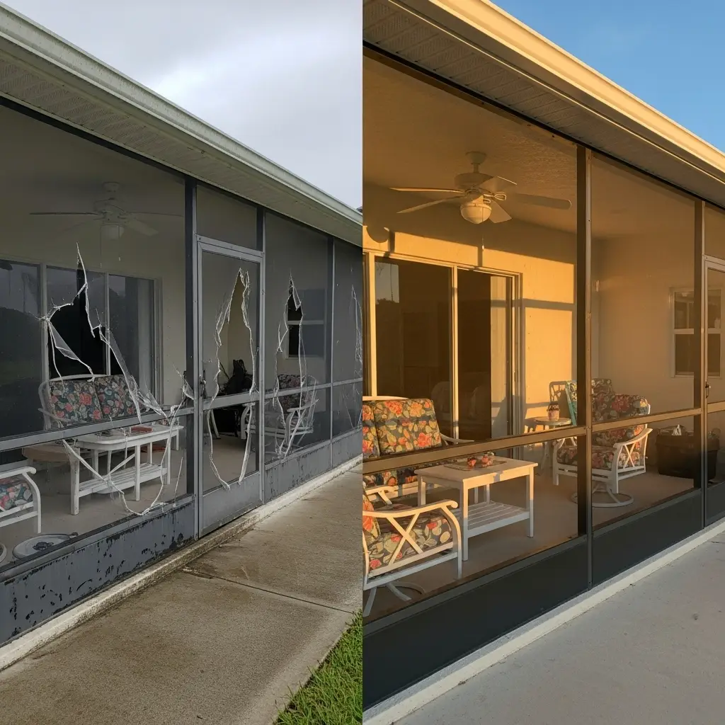 Before and after porch screen repair showing restored aluminum framing in St. Augustine, FL.