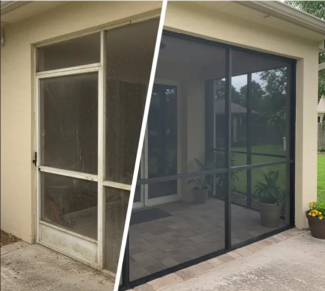 Before and after screen door repair showing upgraded frame and mesh in St. Augustine, FL.