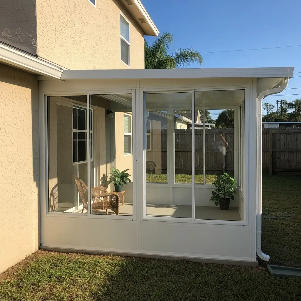 Newly installed patio screen enclosure with glass sliding doors in St. Augustine, FL.