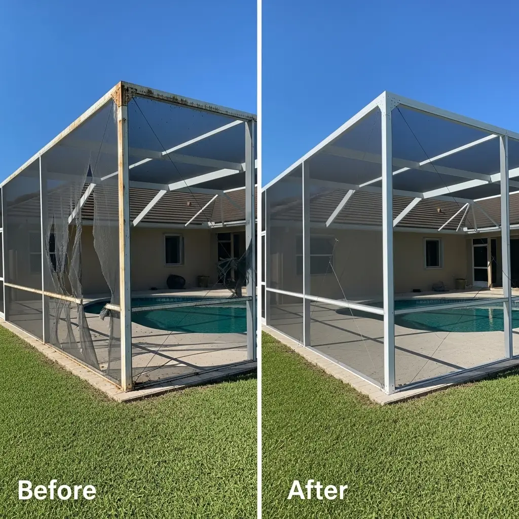 Before and after pool enclosure screen replacement at a residential home in St. Augustine, FL.