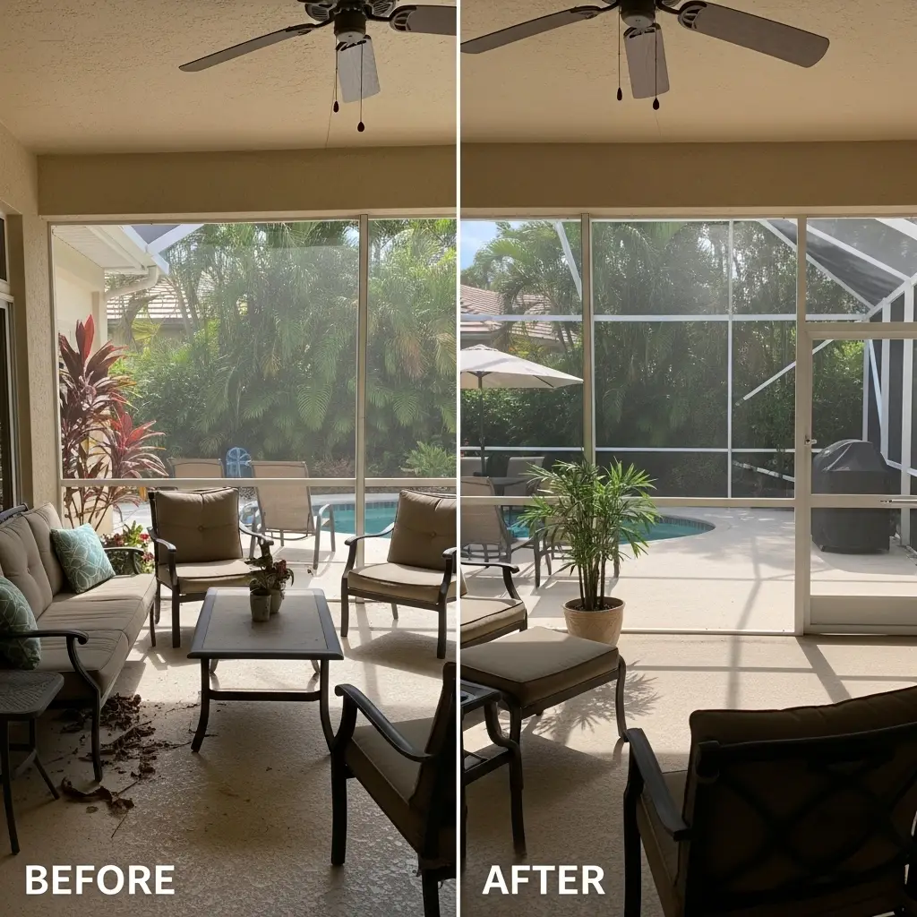 Before and after sunroom window screen repair at a residential home in St. Augustine, FL.