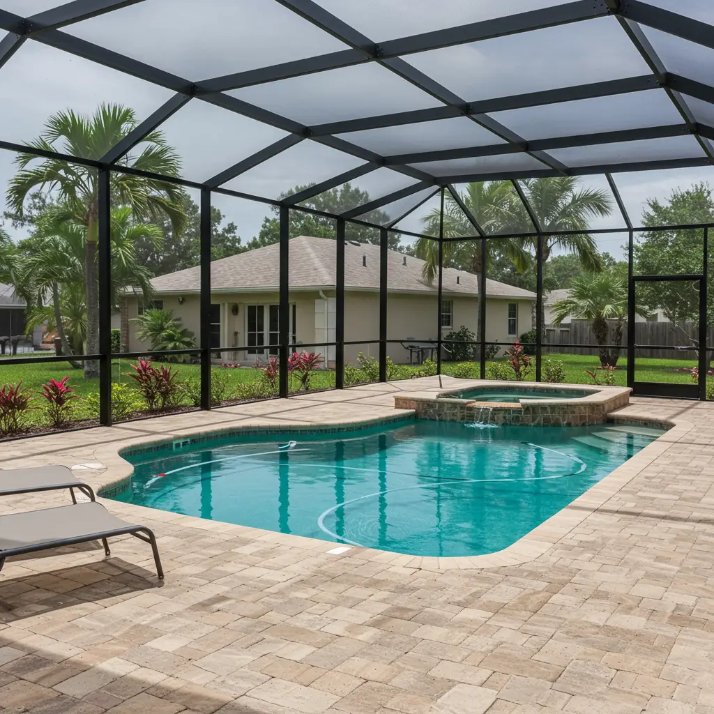 Screened pool enclosure with spa and paver deck in St. Augustine, FL backyard.